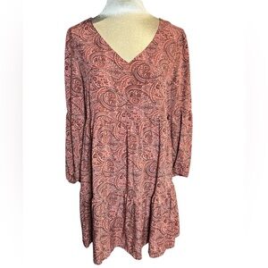 Lucky Brand mocha  Paisley boho Long Sleeve Dress M